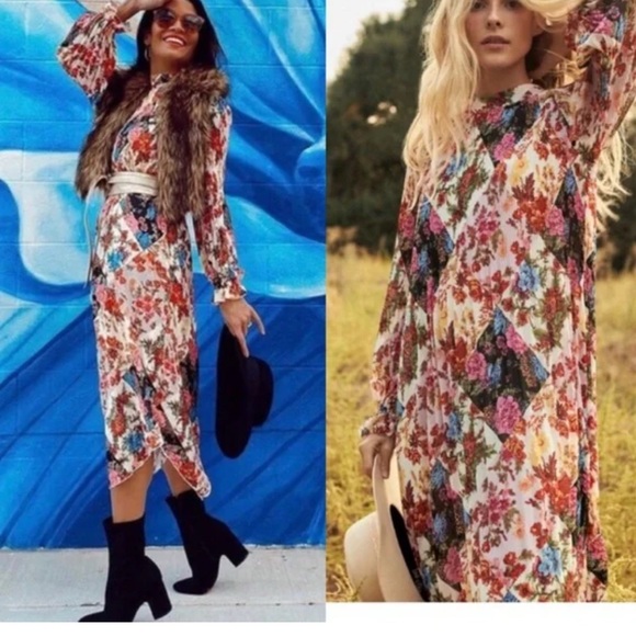 Anthropologie Pink and Red Long Sleeve Dress with Bishop Sleeves - Picture 2 of 5